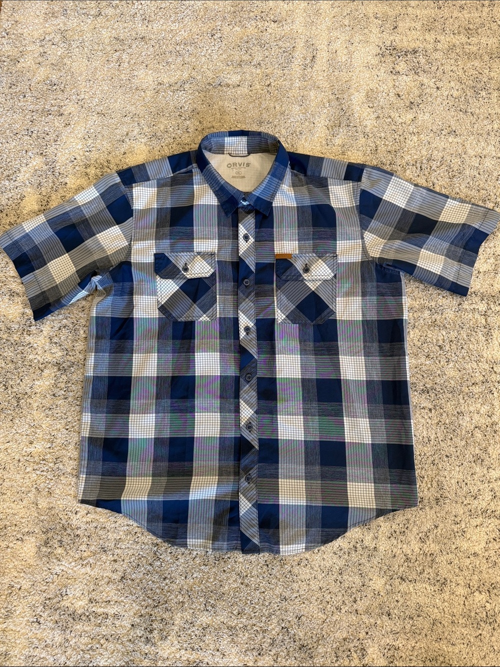Orvis Men's Navy and White Plaid Short-Sleeve Button-Down Shirt